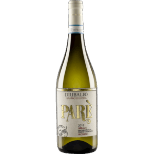 Paré Pecorino d'Abruzzo Eine Flasche vom Weingut Diubaldo. Die Flasche hat ein helles Stoff- oder Strukturelabel mit goldener Aufschrift und eine weisse Kapsel am Flaschenhals.