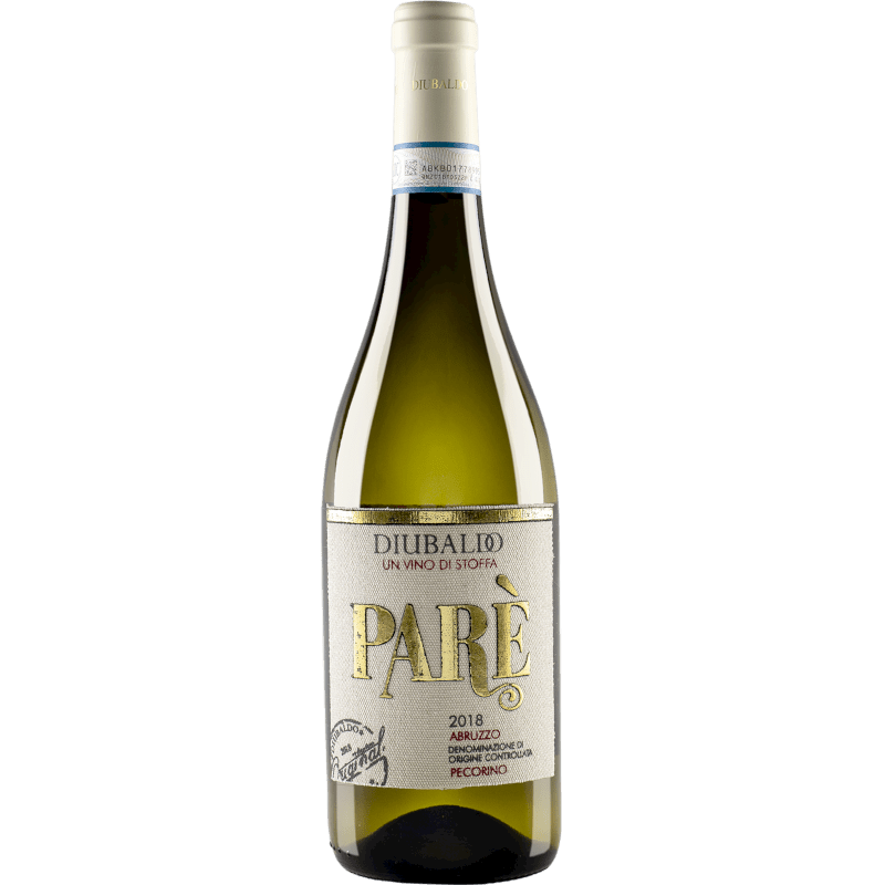 Paré Pecorino d'Abruzzo Eine Flasche vom Weingut Diubaldo. Die Flasche hat ein helles Stoff- oder Strukturelabel mit goldener Aufschrift und eine weisse Kapsel am Flaschenhals.