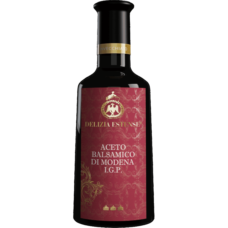 Aceto Balsamico IGP Delizia Estense. Flasche Aceto Balsamico IGP Delizia Estense Etichetta Rossa mit rotem Etikett vor schwarzem Hintergrund.