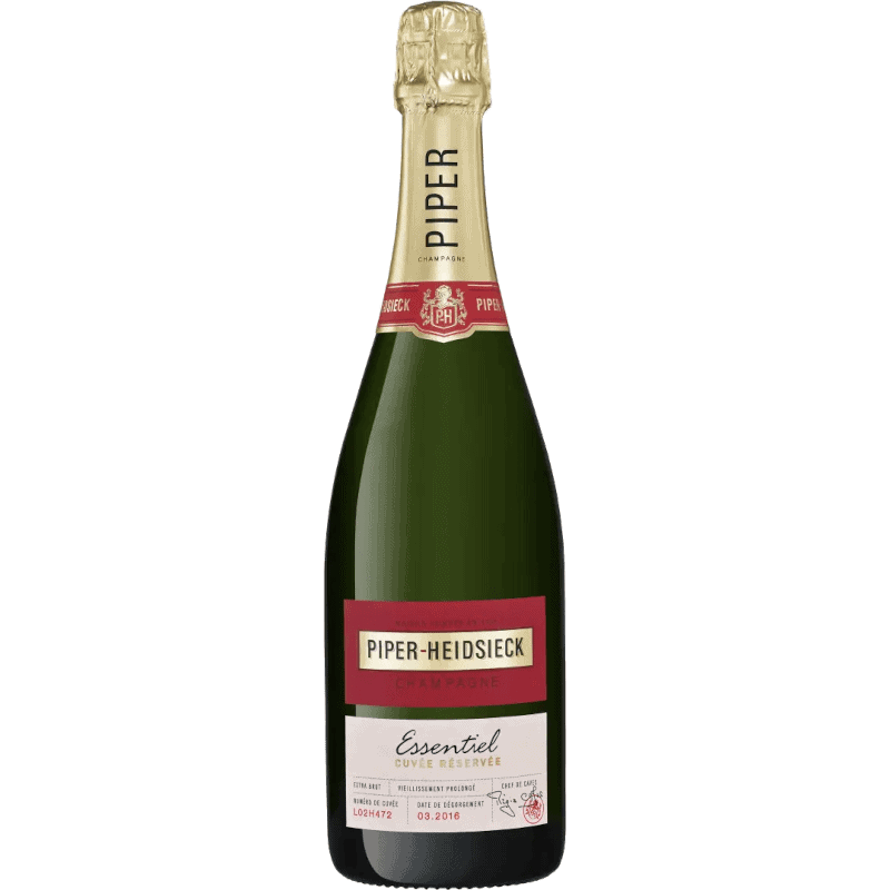 Flasche Piper-Heidsieck Essentiel Cuvée Réservée Extra Brut Champagne mit goldener Folie und rotem Etikett